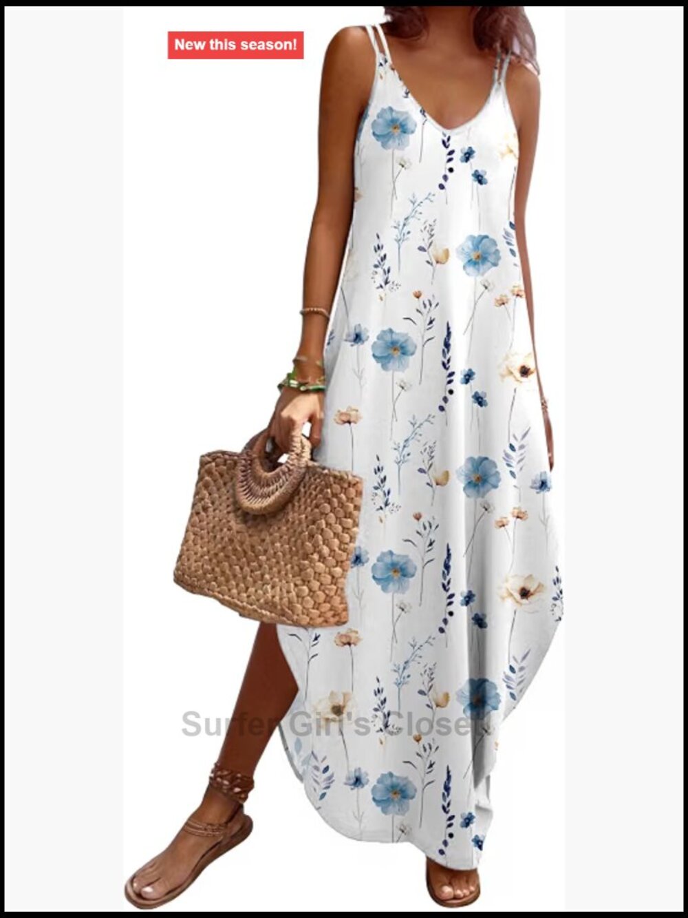 Women's Sleeveless Maxi Dress with Pockets - Floral Boho Beach Sundress